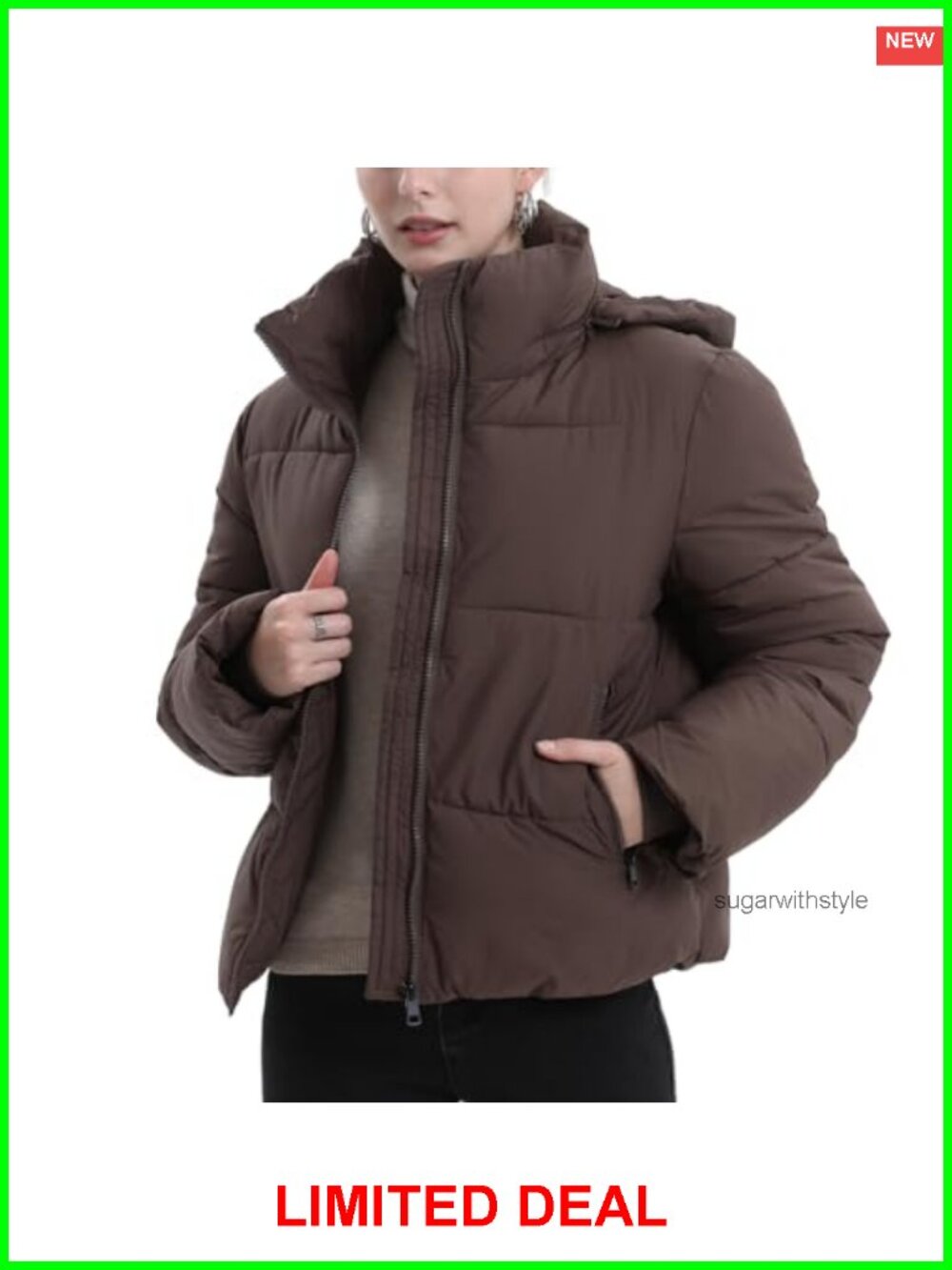Women's Cropped Puffer Jacket Quilted Zip Pockets Warm Winter Coat Removable